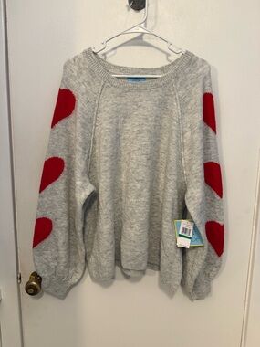 CeCe Jazz Club grey and red heart sweater Size L NWT